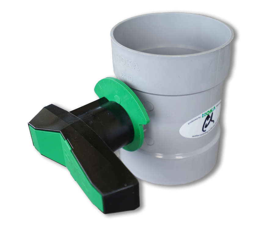 Drosselklappe aus weißem PVC DN 90 mit Muffen und Handhebel