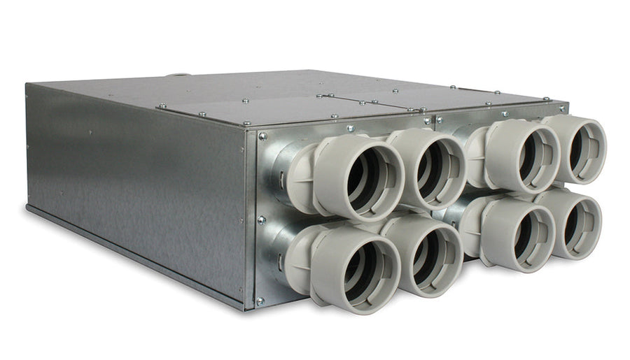 späth Uniflexplus+ Stahlblech-Luftverteiler VK NW 160, Größe S, KWL-Rohranschlüsse 8 x NW 75mm