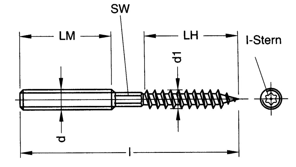 Stockschraube (Holzgewinde und I-Stern) M10x120mm