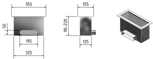 m+a Fußbodenauslass KWL-FBA-A, Abm.: 125x325mm mit Anschluss oval 50x195mm
