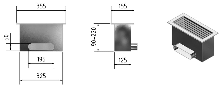 m+a Fußbodenauslass KWL-FBA-A, Abm.: 125x325mm mit Anschluss oval 50x195mm
