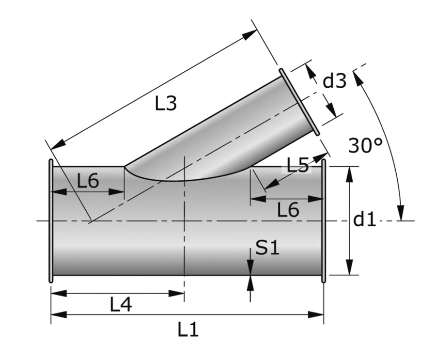 Metu-Form Abzweigstück 30° (Parallelflansch-System) NW 630/450